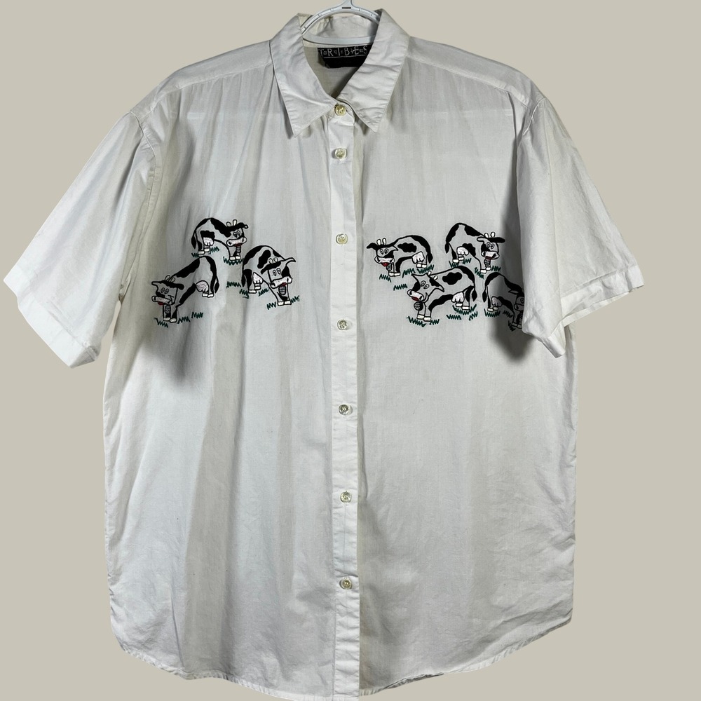 Vintage 90s Tribes For Her Cow Embroidered Button Down Shirt M White Novelty